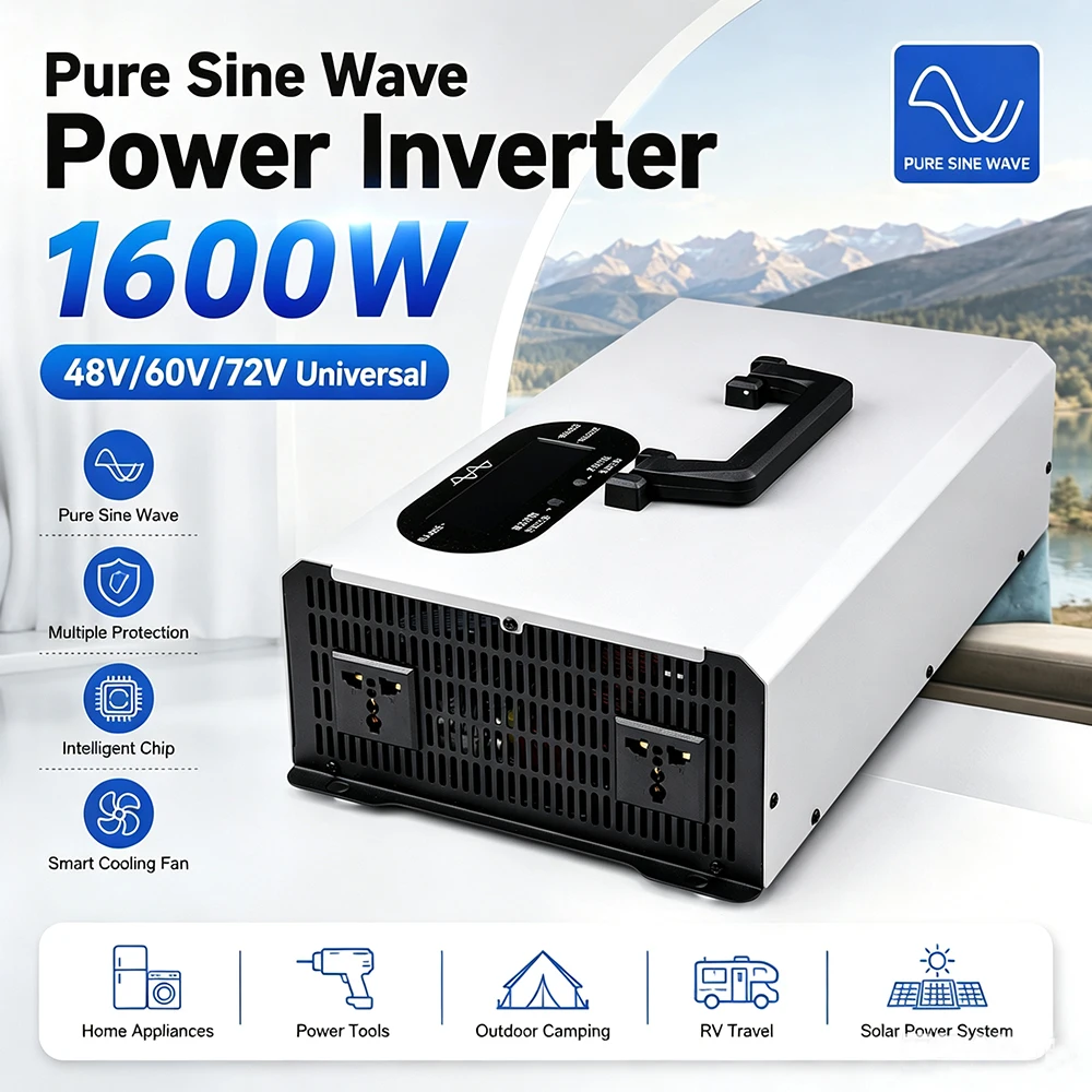 1600W Pure Sine Wave Inverter Peak Power 3200W Power Solar Car Inverters DC 48V 60V 72V To AC 220V Voltage Converter