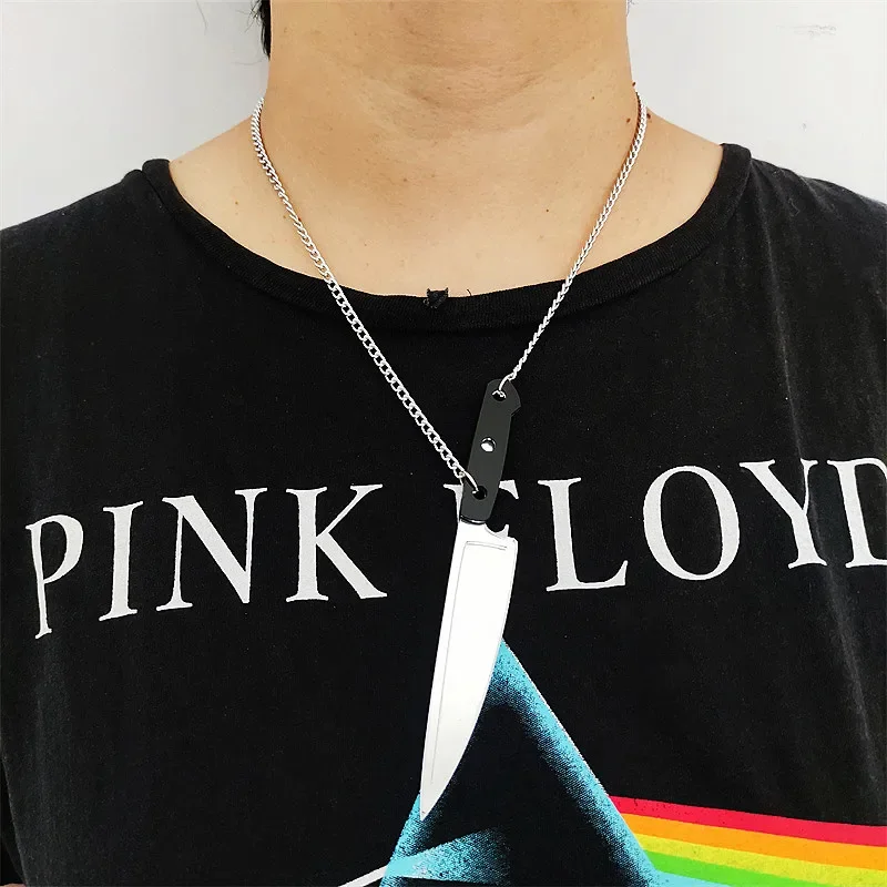 Fashion Halloween Jewelry Punk Knife Pendant Necklace for Women Men Mirror Gold Silver Color Acrylic Accessories