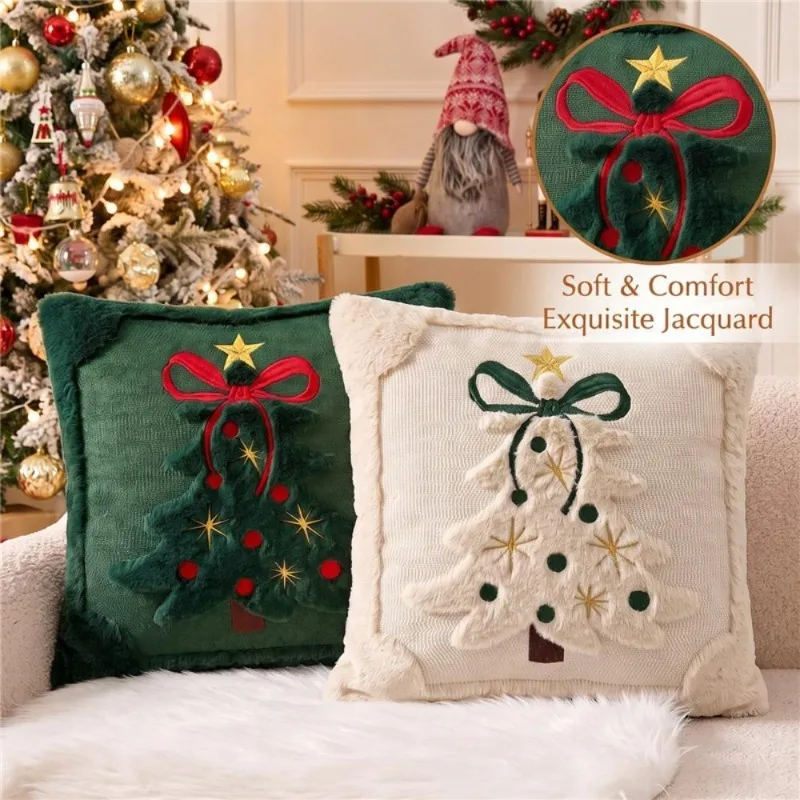 Christmas Tree Pillow Covers Embroidered Cushion Covers Plush Velvet Feel Cosy Holiday Decor for Sofa Bed Lovely Christmas Gift