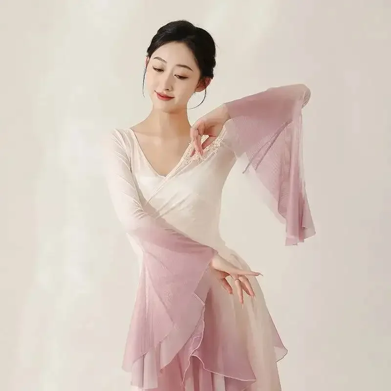 

Classical Dancer Performance Costumes Women Practice Dance Clothes Butterfly Shape Chinese Style Folk Dance Pink&Green Dress