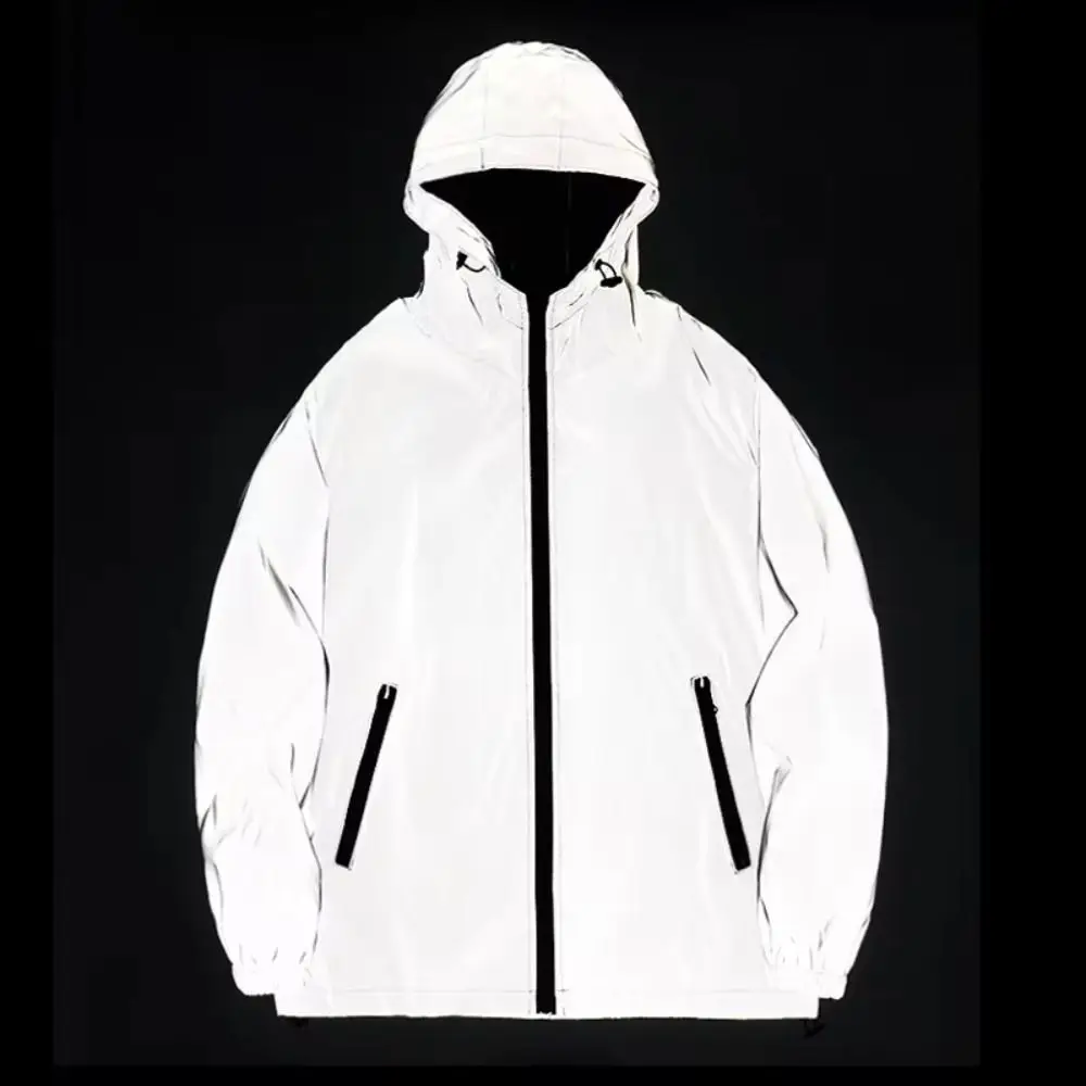 

Windproof Reflective Jackets Waterproof High Street Hooded Jacket Spring/Autumn Stylish Reflective Windbreaker Women Men