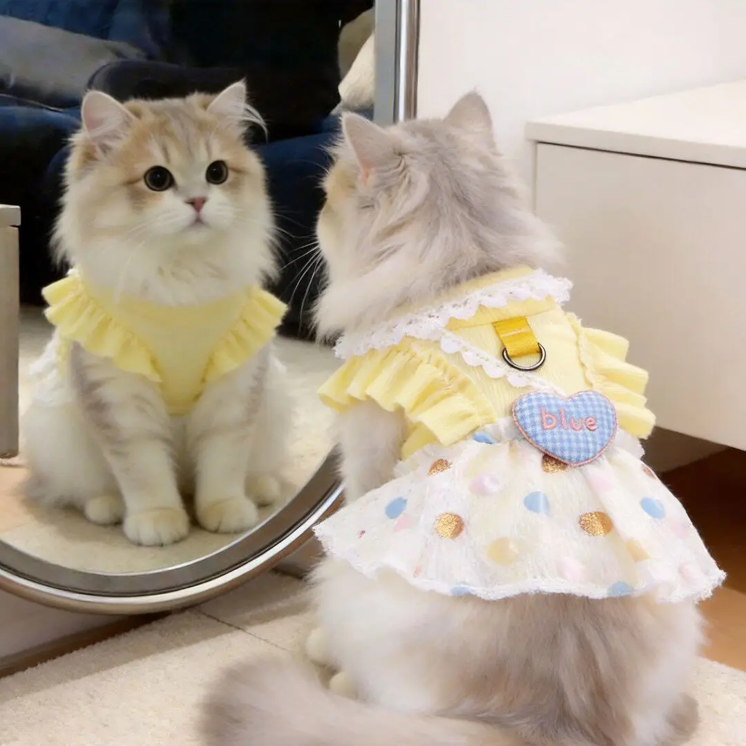 Vestido de lunares azul con forma de corazón y mangas con volantes para mascotas, chaleco para gatos y perros para las cuatro estaciones, ropa para cachorros, vestidos para perros pequeños