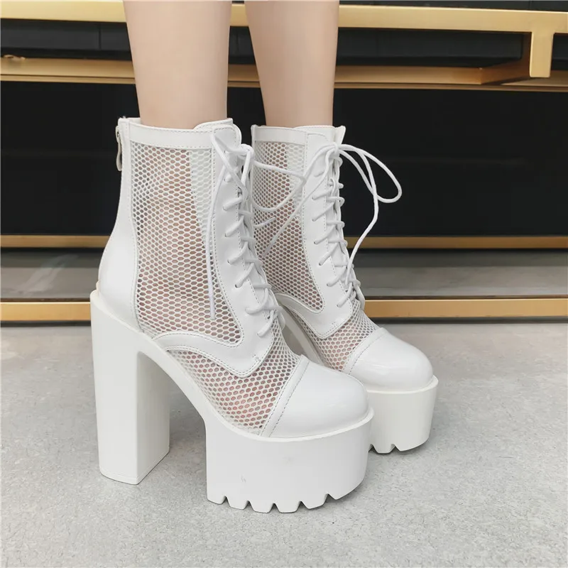 2024 Autumn Fashion Pumps Sexy Women's Short Boots Waterproof Mesh Lace Up Ankle Boots High Heels Zipper Nightclub Dancing Shoes