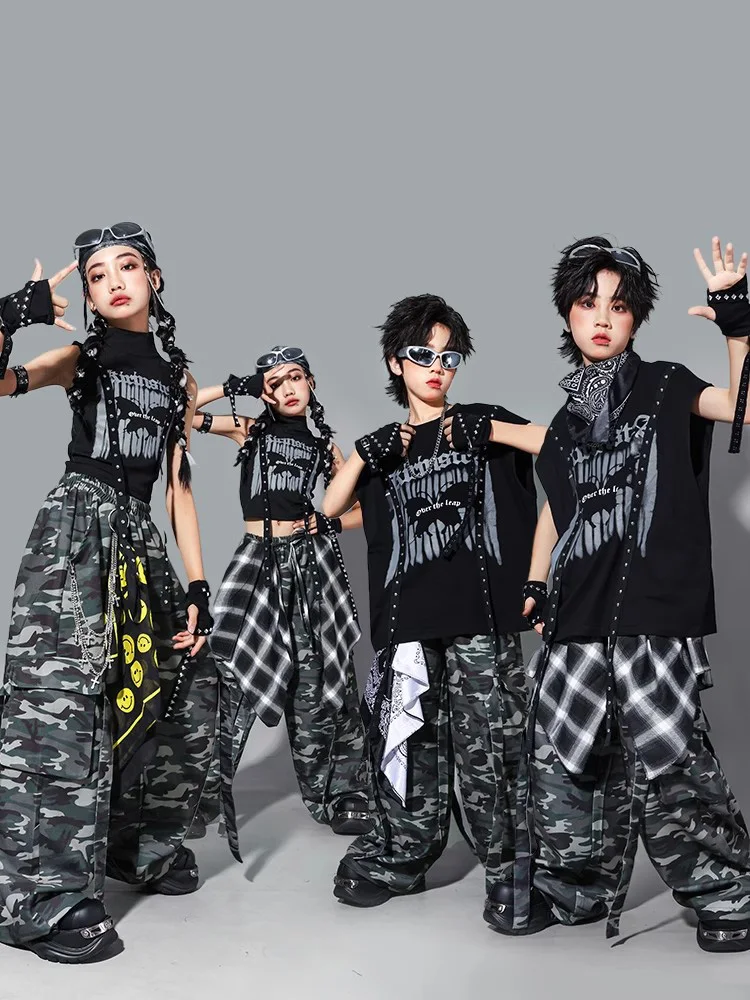

Новая летняя детская одежда в стиле хип-хоп для мальчиков, черный жилет в стиле панк, камуфляжные штаны, костюм для джазовых танцев для девочек, одежда для выступлений Kpop BL16116