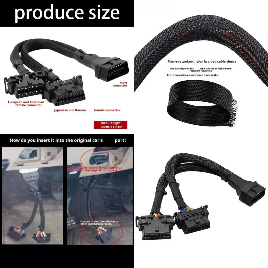 6XDF OBD2 Black Y Cable, 1 Male to 2 Female for Vehicle Port Access
