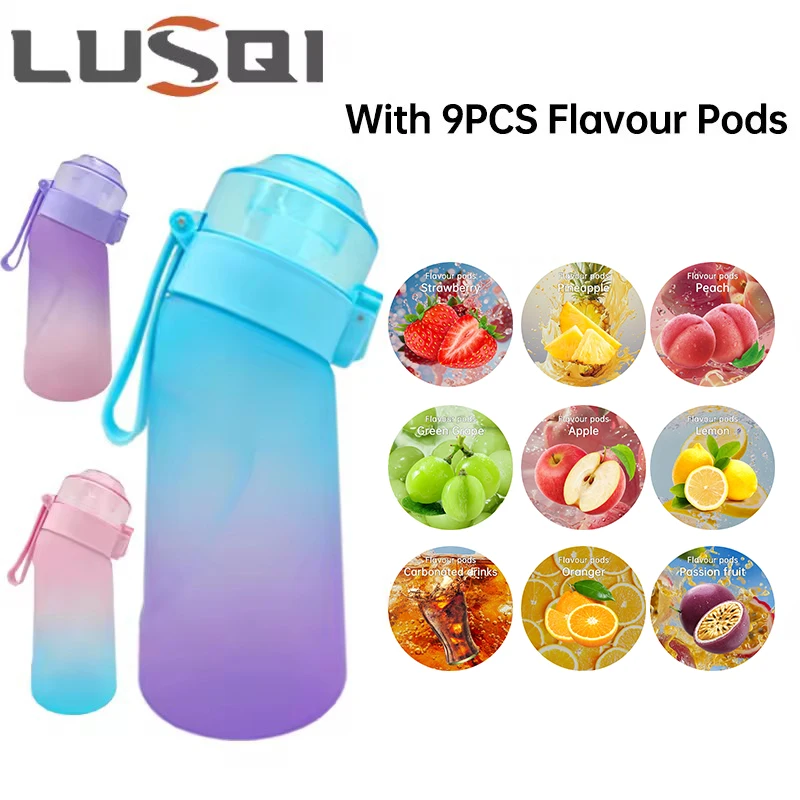 LUSQI 1PC 500ML Sports Flavored Water Bottle With 9 PCS  Flavor Pods Scent Water Cup With Straw Sugar-Free BPA-Free