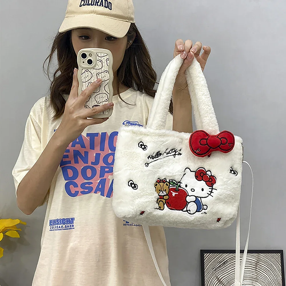 Sanrio-Bolso de felpa de Hello Kitty para mujer, bolsa Kawaii Kuromi My Melody, bolso de mano de Anime de dibujos animados, Cinnamoroll, bolsas de almacenamiento, regalos para niñas