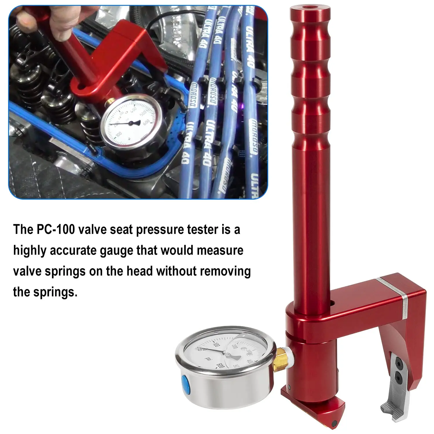 PC-100 Universal Valve Seat Pressure Tester Checker Adjustable On-Head Valve Spring Pressure Tester Gauge - 0-600 PSI