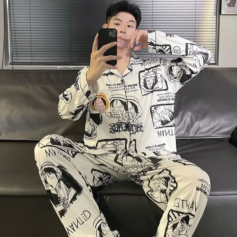 Naruto Pain Pajama Men Anime Sets Silk Satin Pijama Turn-down Collar  Long Sleeve Nightwear Male 2 Pieces Sets Cardigan Homewear