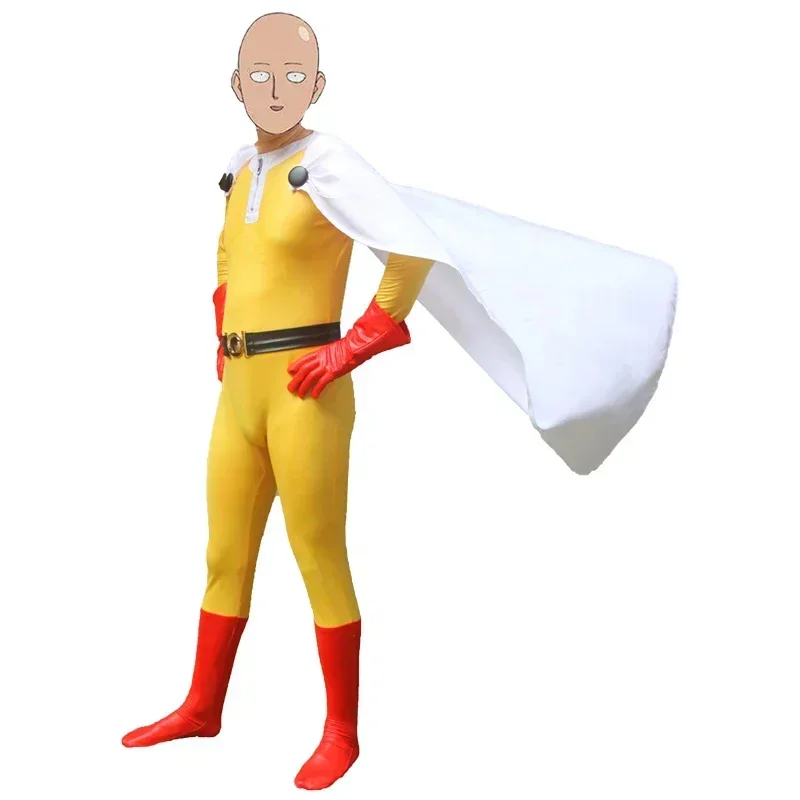 زي الهالوين للبالغين للرجال Anime ONE PUNCH-MAN بدلة Saitama مع عباءة بيضاء