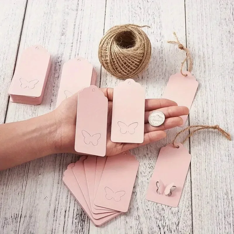 100 pink tags with wavy top edge and butterfly wings hollowed out hang tags, wedding party gift packages, gift boxes, packaging