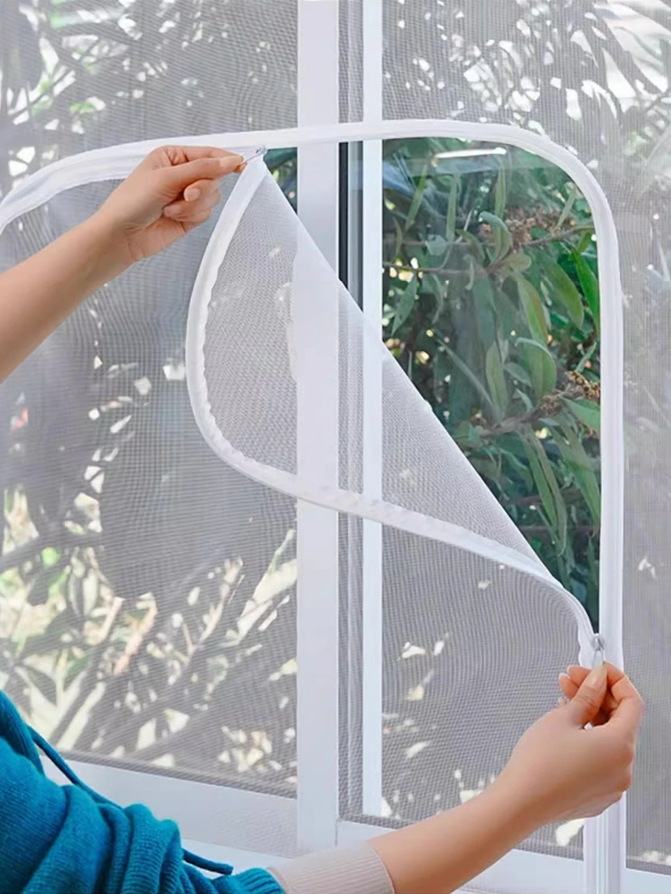 White，U-shaped zipper screen window，Self-adhesive and reusable mosquito nets for windows, anti-mosquito window screens, tulle