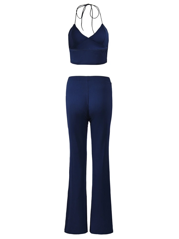 SsTss مثير الخريف الزي بلون المرأة مجموعة شيك العميق الخامس الرسن الرقبة أكمام المحاصيل كامي الأعلى والسراويل الطويلة مضيئة 2 قطعة مجموعة