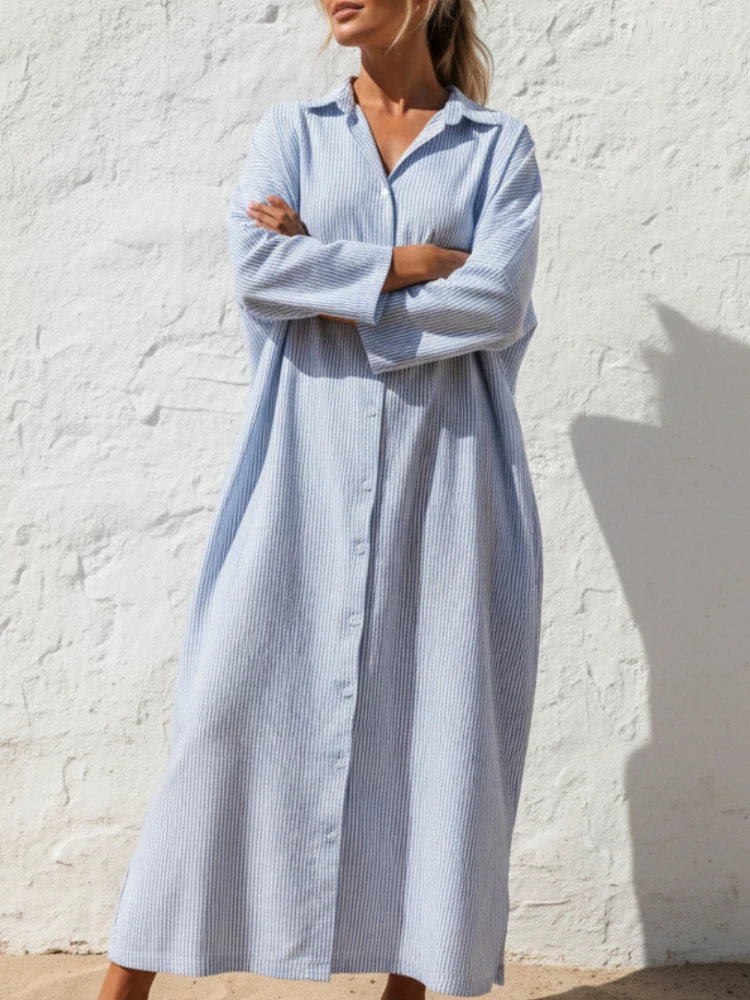 ZANZEA فساتين طويلة كبيرة الحجم للسيدات غير رسمية مخططة بياقة مقلوبة وأكمام طويلة وفتحة جانبية فستان ماكسي ملابس خروج للخريف #1