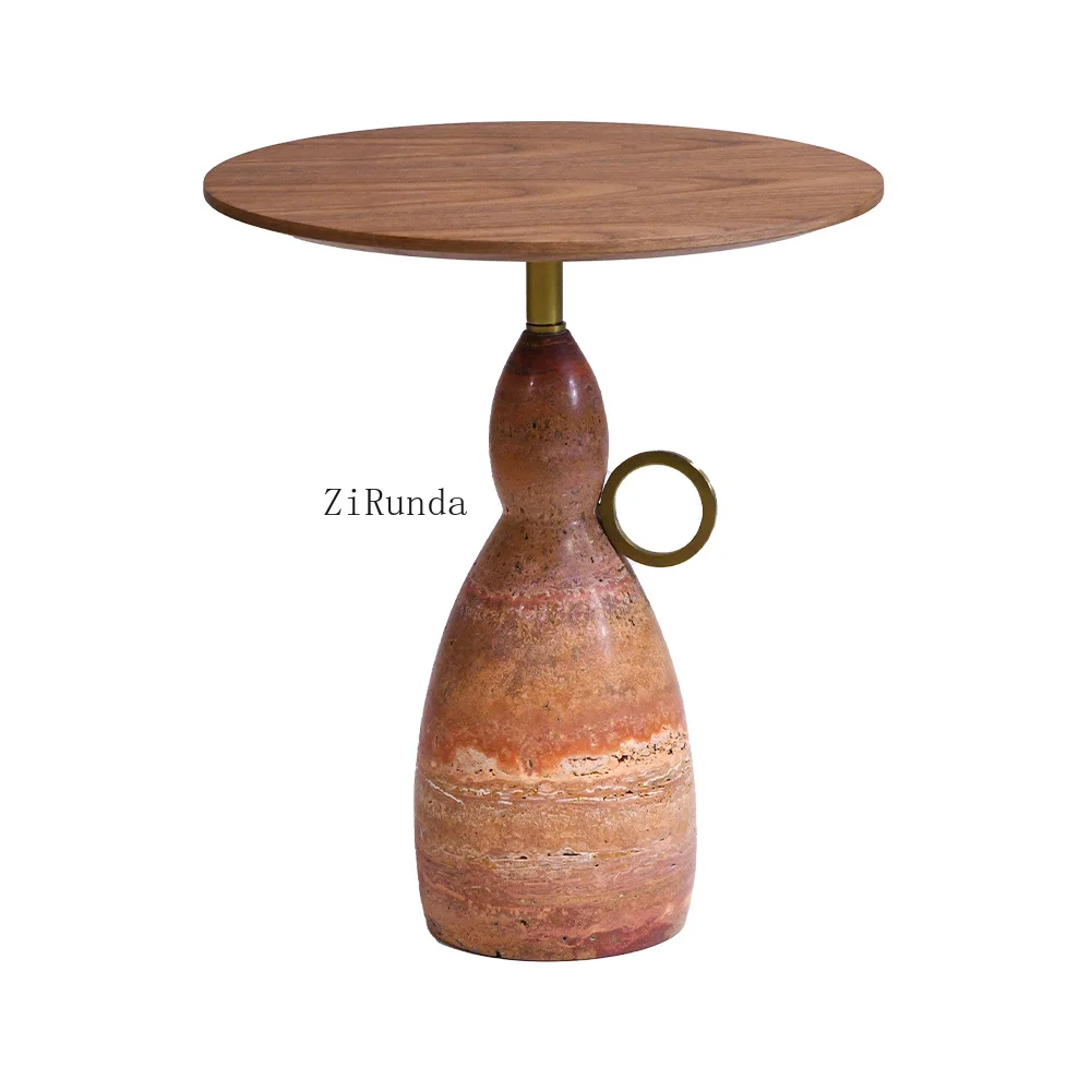 Wooden table top, red limestone base, decorative table, corner table, suitable for living room hotel decoration