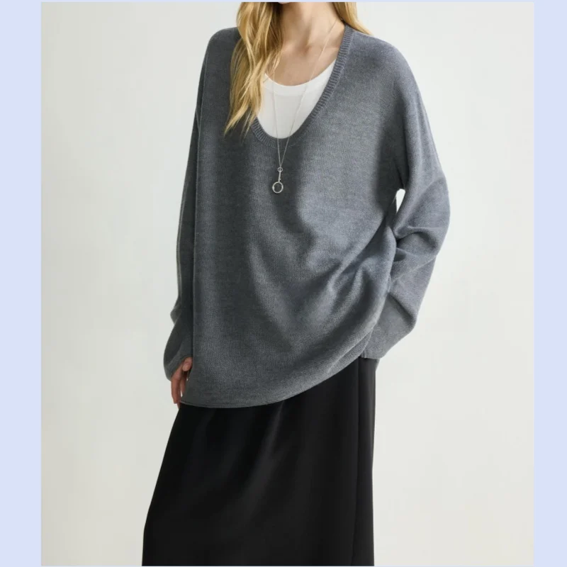 Washable wool minimalist honeycomb texture rolled edge deep U-neck knitted sweater + skirt set