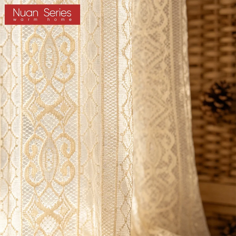 Vintage Knitted Lace Sheer Curtain for Living Room Bedroom Boho Beige Cream Hollow Window Drapes Home Decor