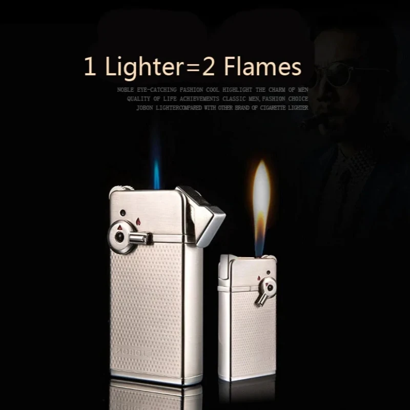 JOBON Dual Flame Butane Gas Lighter Metal Outdoor Windproof Blue Flame Turbo Jet Cycle Use Flame Size Adjustment Cigar Lighter