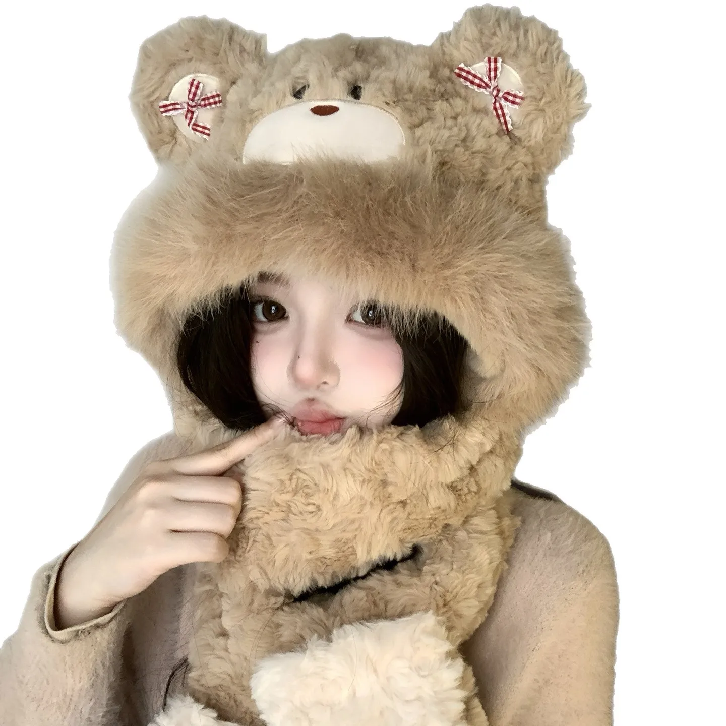 Bonito urso orelha peludo boné cachecol luva conjunto inverno à prova de vento feminino estilo russo bomber boné peludo gorros invierno chapéu feminino