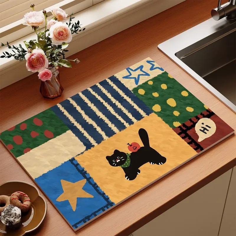Color Blocking Patchwork Star Black Cat Kitchen Drain Mat Anti Slip Coffee Machine Tableware Kitchen Countertop Protection Mat