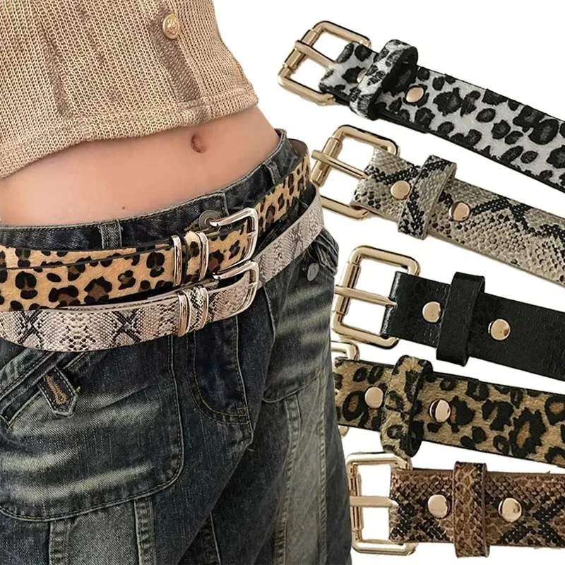 Leopard Snakeskin Grain Belt Women Short Plush Print PU Leather Waistband Adjustable Buckle Vintage Jeans Pants Accessories Belt