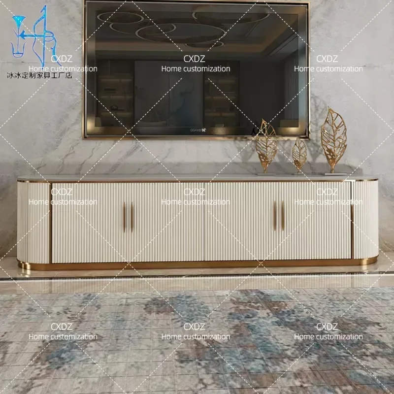 Postmodern Light Luxury TV Cabinet Marble Stainless Steel Gold Plated Floor Standing Audio Visual Storage Unit for Living