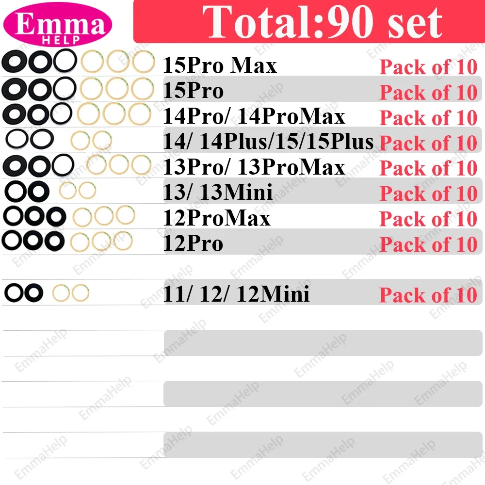 EmmaHelp 170 Set bis 34set Rückfahrkamera Glas für iPhone 13 Pro Max 12 15 14 8 Plus XS XR 11 Rückkamera Objektiv Ersatz Großhandel 9