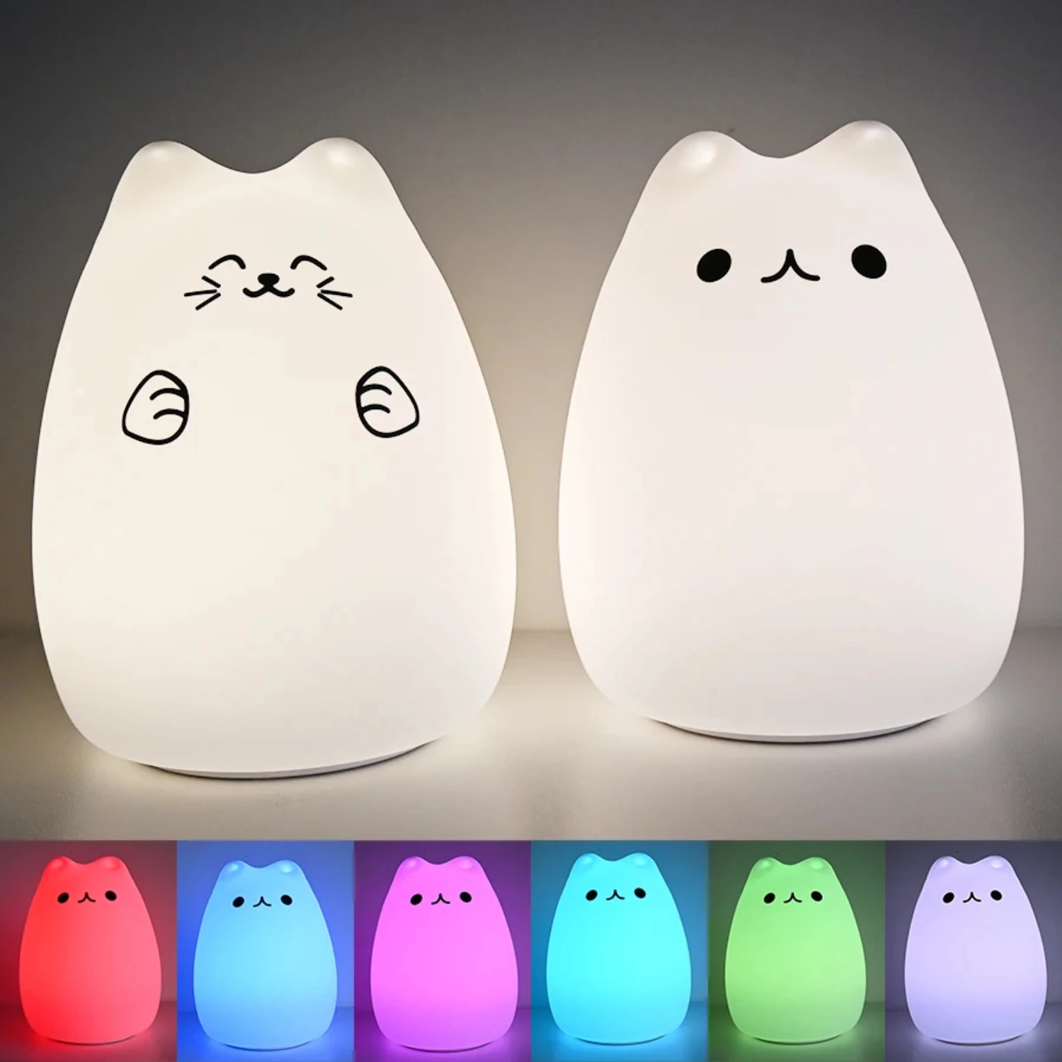 

New Colorful and Cute Cat Shape LED Night Light - Soft Silicone Material for Gentle Nursery Lighting - Adorable Breathing Featur