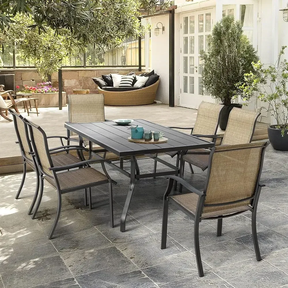 All-Weather 7-Piece Patio Dining Set with 6 Textilene Chairs and 61 Metal Table, Umbrella Hole, Black & Brown