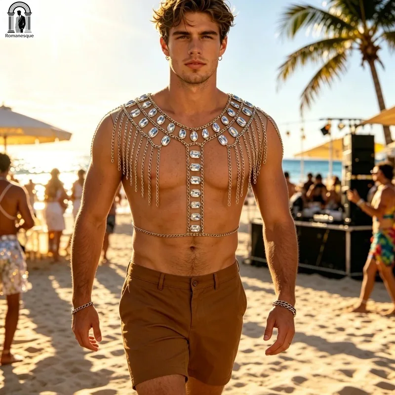 Men's Luxury Water Drop Rhinestone Tassel Body Chain Vest Men Summer Beach Festival Body Jewelry Male Shiny Crystal Fringed Vest