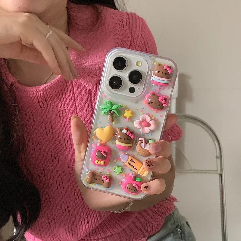 3D Cute Cartoon Sanrio Y2K Hello Kitty Transparent Phone Case For iPhone 15 14 13 12 11 Pro Max Shockproof Hard TPU Cover