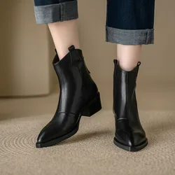 2024 New Winter Pointed Toe Women Boots Chunky Heel Women Shoes Retro Western Boots Ankle Boots Genuine Leather