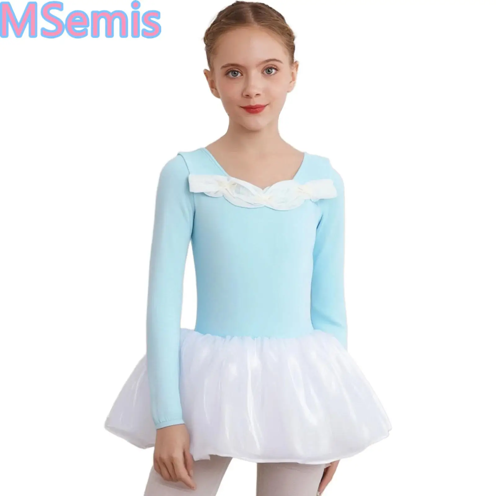 

Kids Girls Ballet Dress Bowknots Ruched Ballet Dresses Long Sleeve Tulle Tutu Dance Dress for Stage Performance Competition
