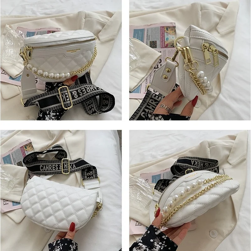 Luxury pearl Beading Chain Waist Bags For Women Diamond Lattice PU Fanny Pack Female Stylish Waist Pack Wide Strap Crossbody Bag