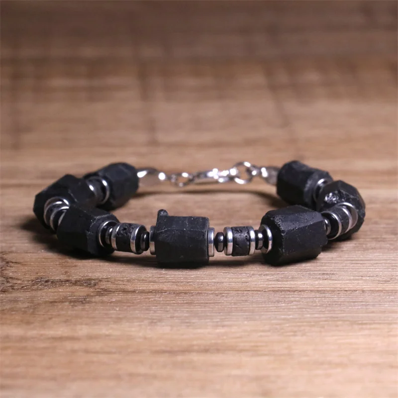Luxuriöses schwarzes Turmalin-Stein-Armband für Männer, Lavagestein, flache Perlen, Edelstahl, Schmuck, verstellbares Balancier-Armband, Geschenk