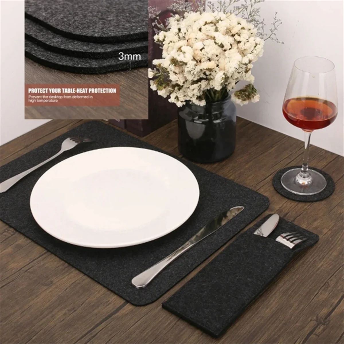 cutlery bags 7 Set Washable Felt Placemats Table Mats Glass Knife Fork Coasters Cutlery Bags Set Insulation Pads Black