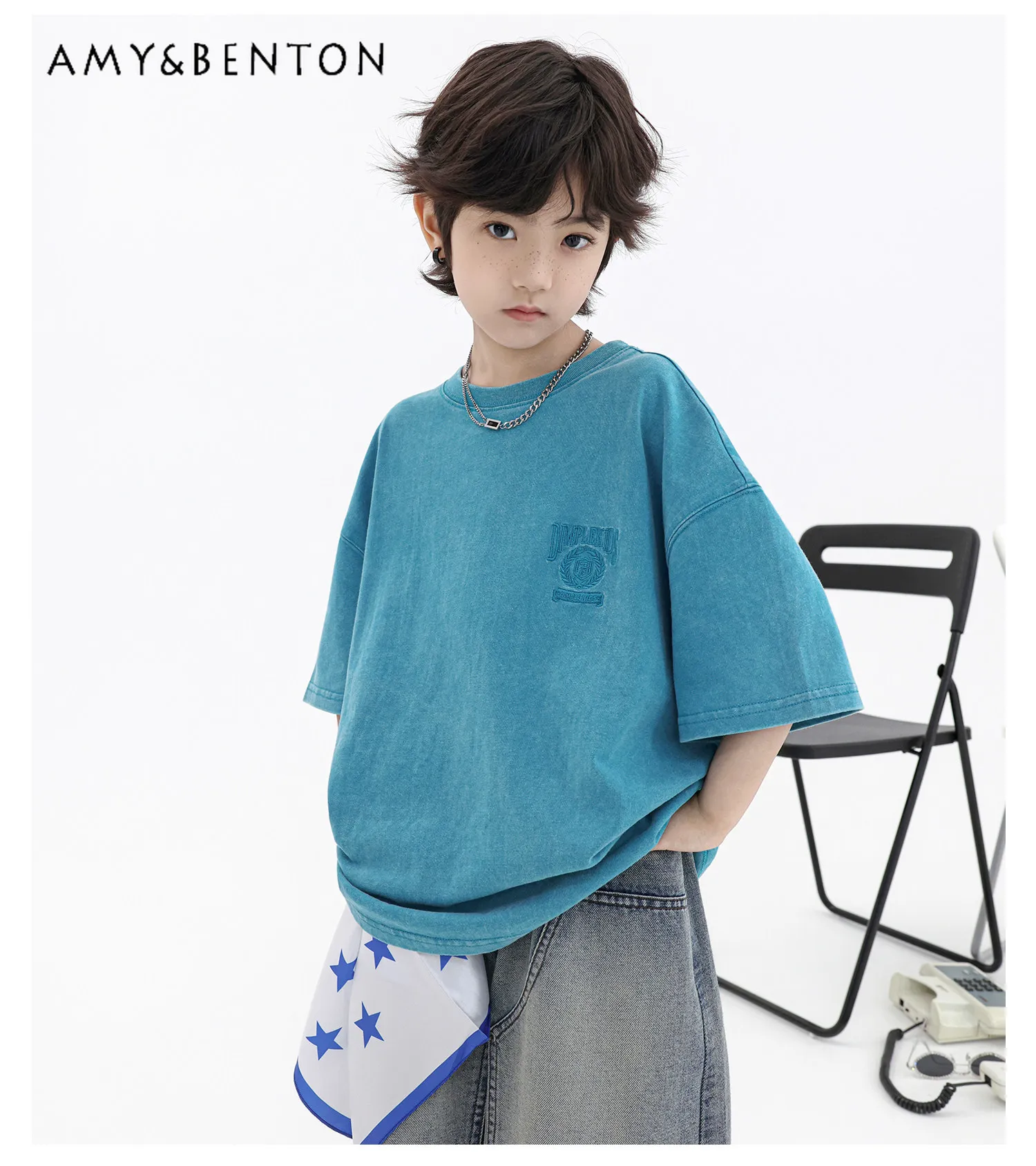 ボーイズファッション夏の新高品質純綿ウォッシュ加工ブルー-tシャツキッズオーバーサイズ通気性カジュアルストリートトップ