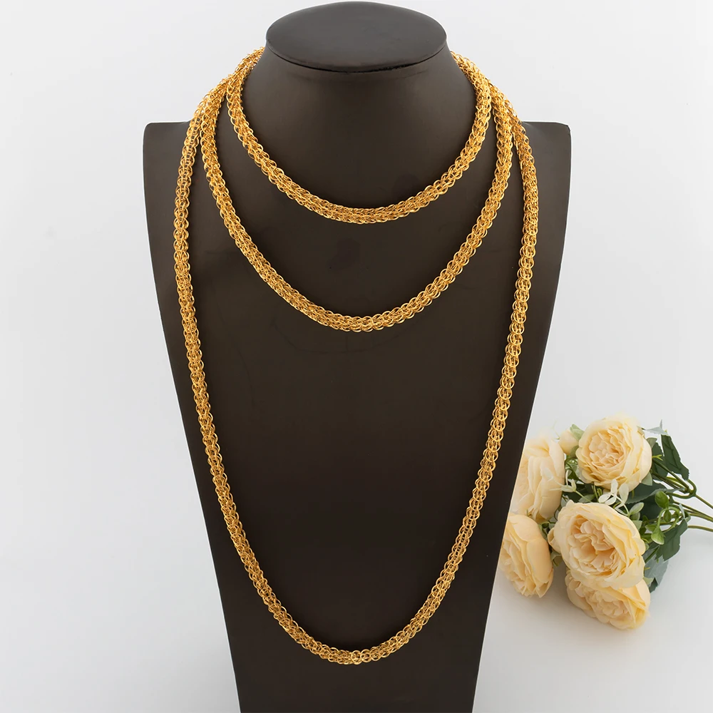 Dubai Gold Plated Jewelry Set Copper Bold Earrings for Women African Long Chain Necklace 45/60/80/100mm Wedding Bridal Jewelry