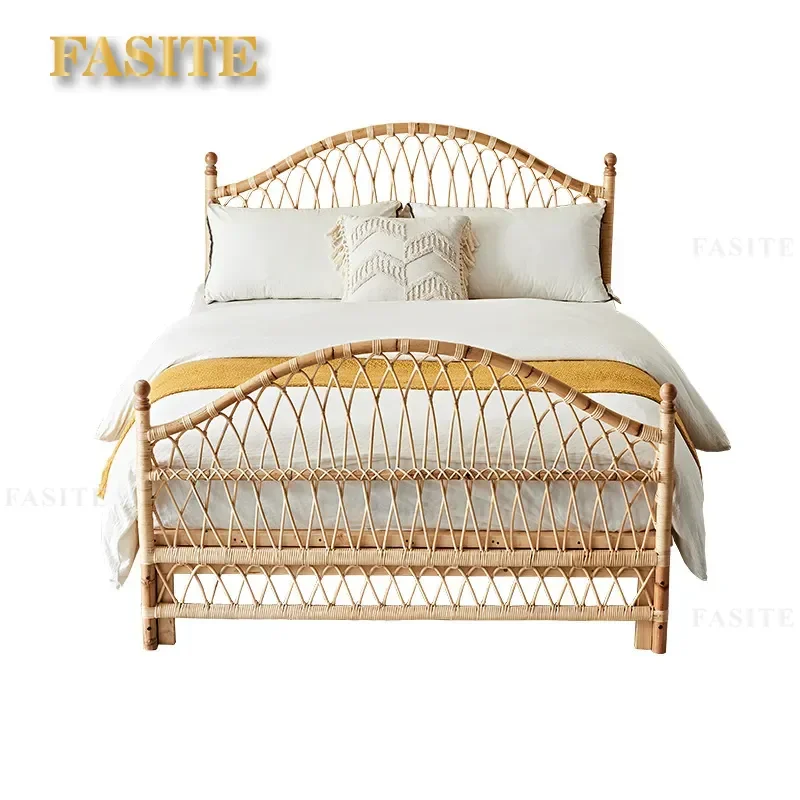 For 1.8m Double Bed Handmade Rattan Art Bed  Medieval Half Design Home Bedroom Furniture Natural Durable