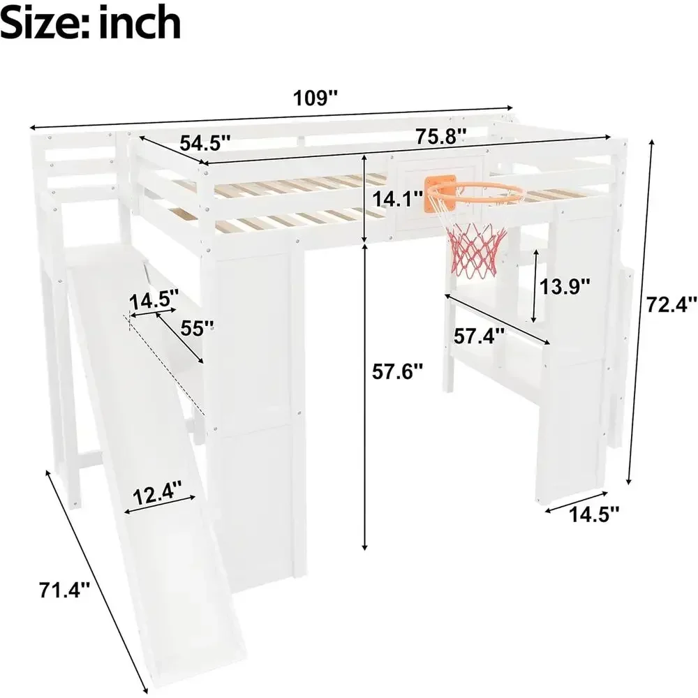 Full Size Loft Bed with Desk and Basketball Hoop for Boys, High Loft Bed with Slide and Stairs for Kids and Teens, Space-Saving,