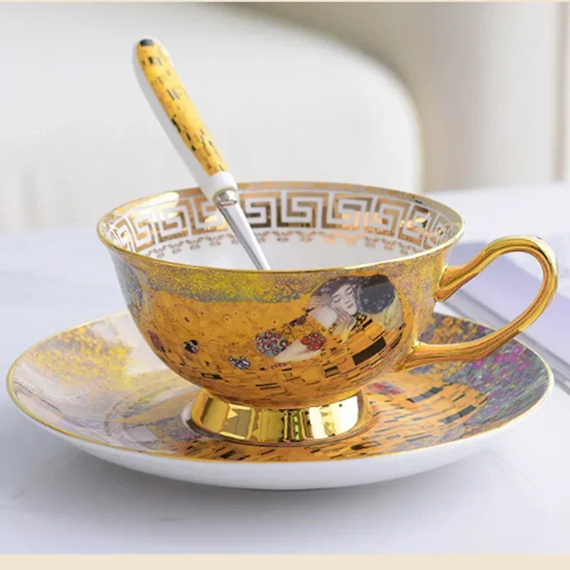 Luxury Gustav Klimt Bone China Coffee Cup and Saucer Set Europe Style Afternoon Tea Cup 220ml Ceramic Mug Cafe Home Drinkware
