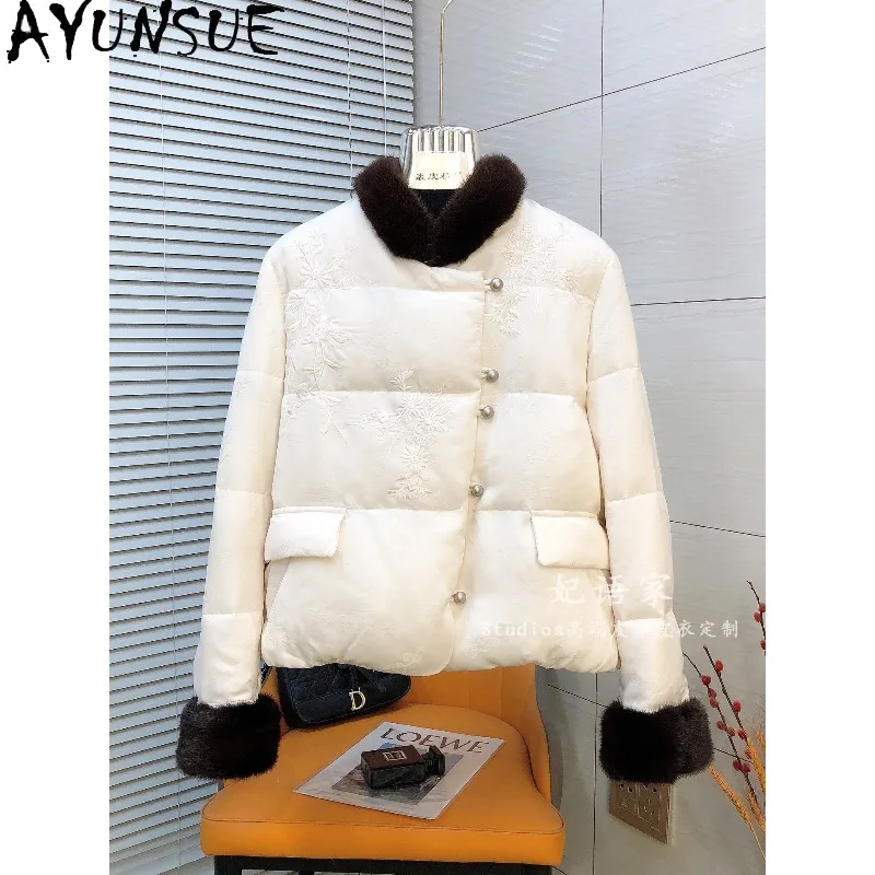 

AYUNSUE White Goose Down Jacket Woman Short Chinese-style Embroidered Outerwears Warm Mink Fur Collar Jacket Woman Clothes 2026