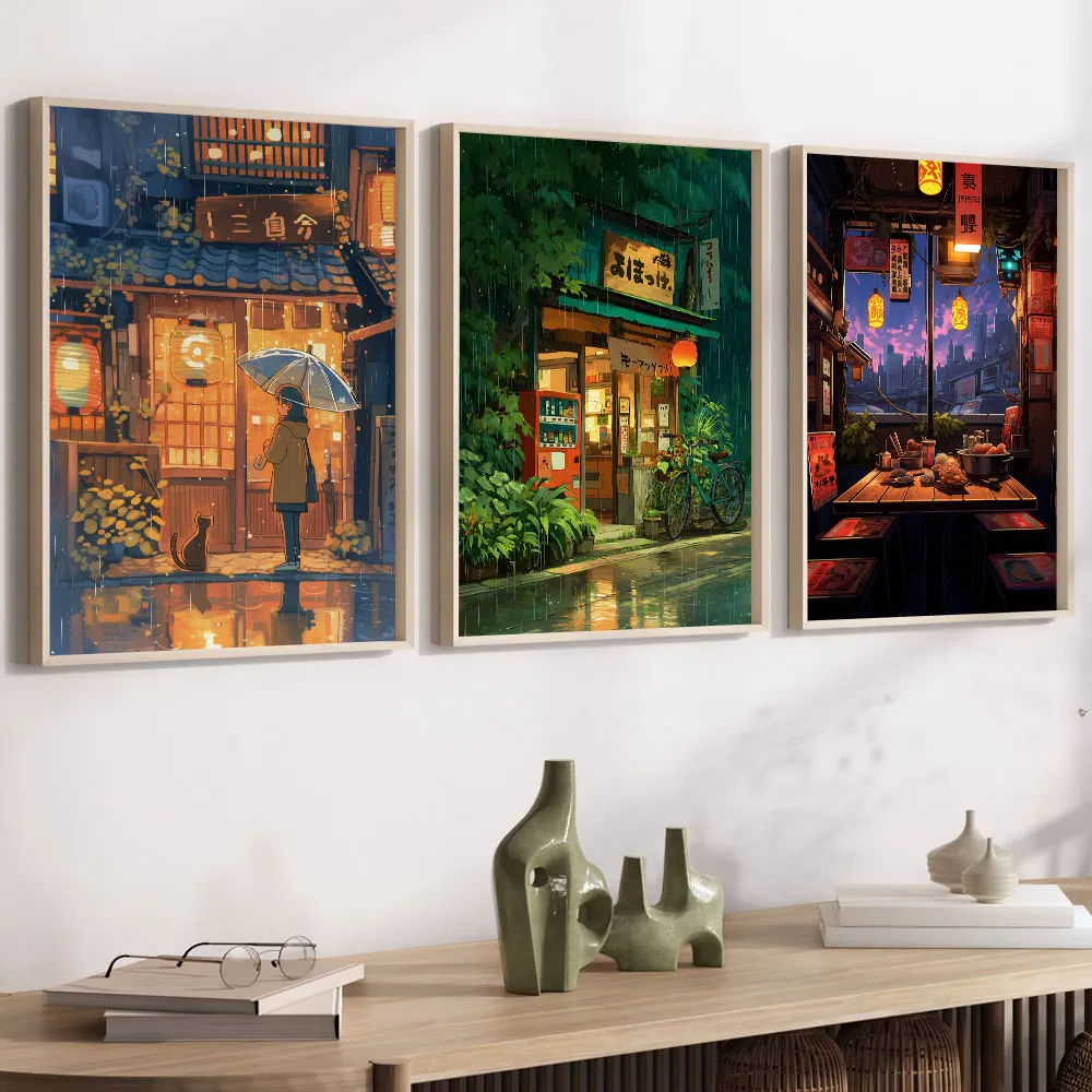 Anime Cafe Shop and Bicycle Canvas Poster Ghibli Work Anime Style Street Cafe Scene Wall Art Printing for Living Room Home Decor