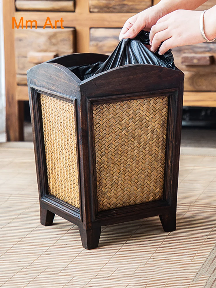 

Таиландский деревянный винтажный мусорный бак, бытовой открытый бамбуковый плетеный корзина для пыли из ротанга