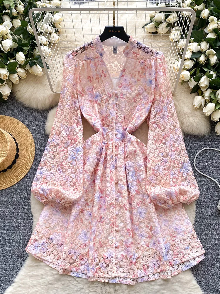 

Women's Summer French Court Style Lantern Sleeve V-neck Button Sweet Waist Cinched Mesh Hollow Design Short Vestidos DS156