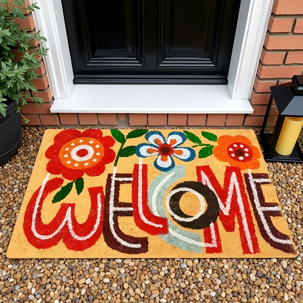 VIKAMA Welcome Floral Doormat,Non‑Slip Mat,Colorful Hand‑Painted Flower Welcome Carpet for Front Door Entryway Home Decor Rug
