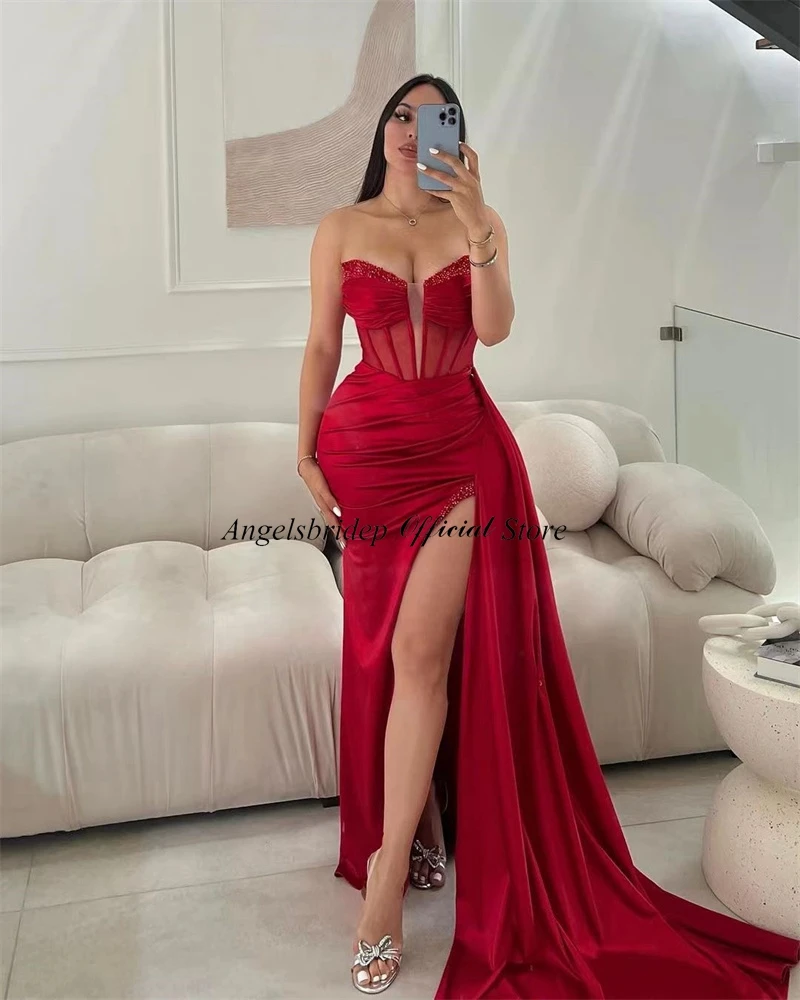 customized p Mermaid Satin Evening Dresses Sexy Side Split Beaded Formal Prom Gowns Sweetheart Vestidos Para Eventos Especiales