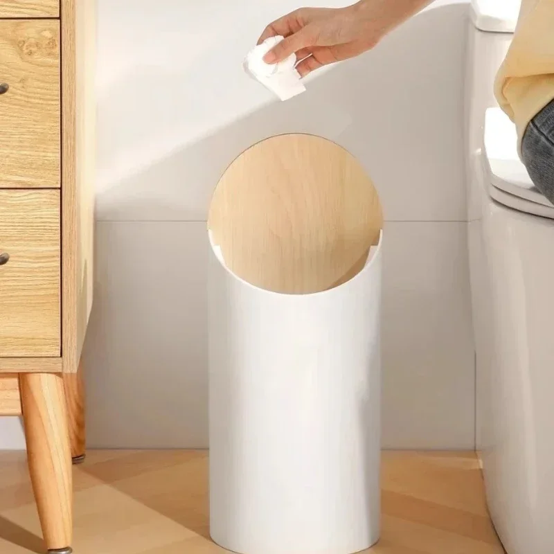 Simple Log Style Cream Trash Can High-End Plastic Bin with Lid Minimalist Wooden Design for Home and Bathroom