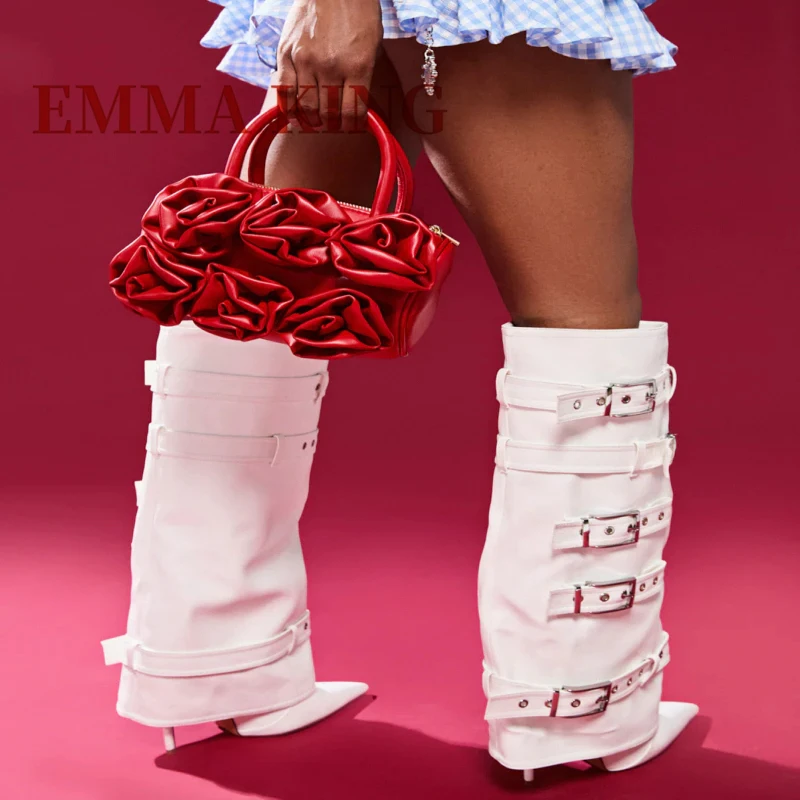 

Белые ботинки на шпильке с поясом, пикантные ковбойские сапоги до колена с острым носком, ремни с пряжками, осенние современные сапоги