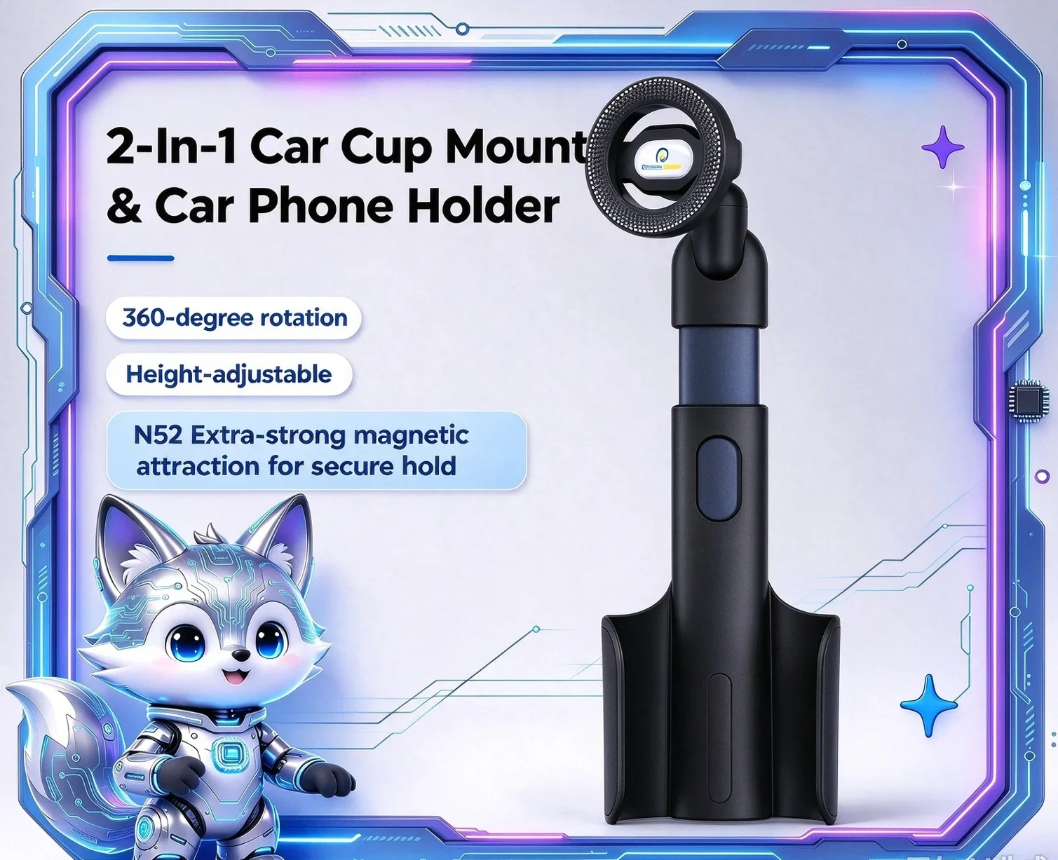 2-In-1 Car Cup Magnetic Car Phone Stand Mount Phone Holder N52 Strong 360° Rotatable Height-Adjustable Cup Holder Phone Mount